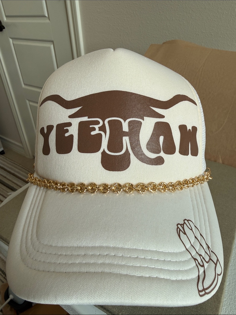 Yeehaw White Trucker Hat with Brown Logo & Gold Chain